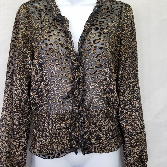 Vintage Havana Ruffle Blouse Women's M Velvet Burnout Sheer Leopard Smocked Back - Picture 2 of 16